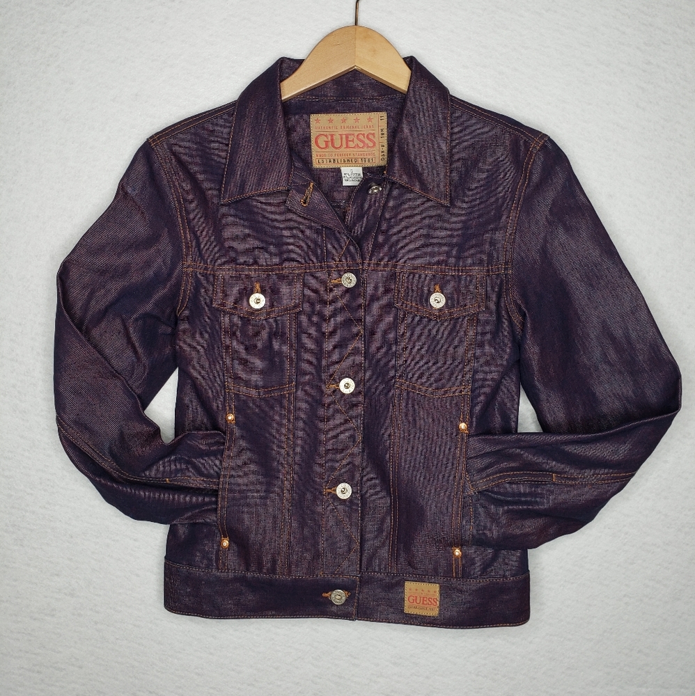 GUESS? Wmn Purple Metallic Short Denim Pockets Button Up Lightweight Jacket Sz S